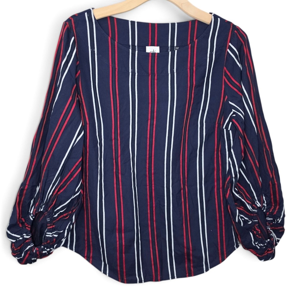 Cabi Blouse Womens Medium M Navy Blue Red Striped Balloon Sleeve Nautical Top